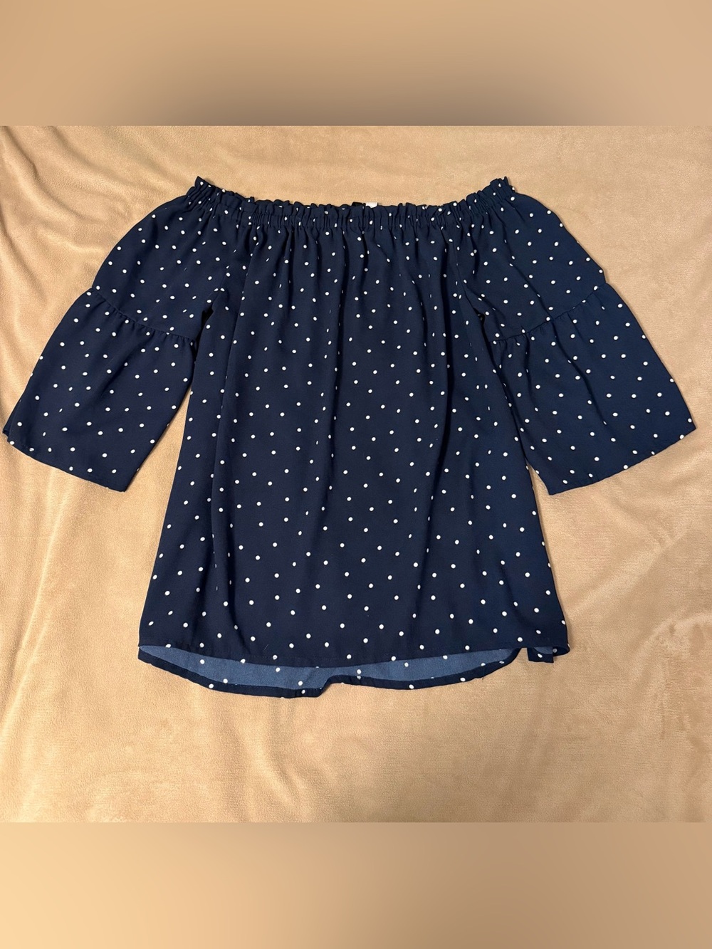 Kensie Navy and White Polka Dot Off-Shoulder Tunic